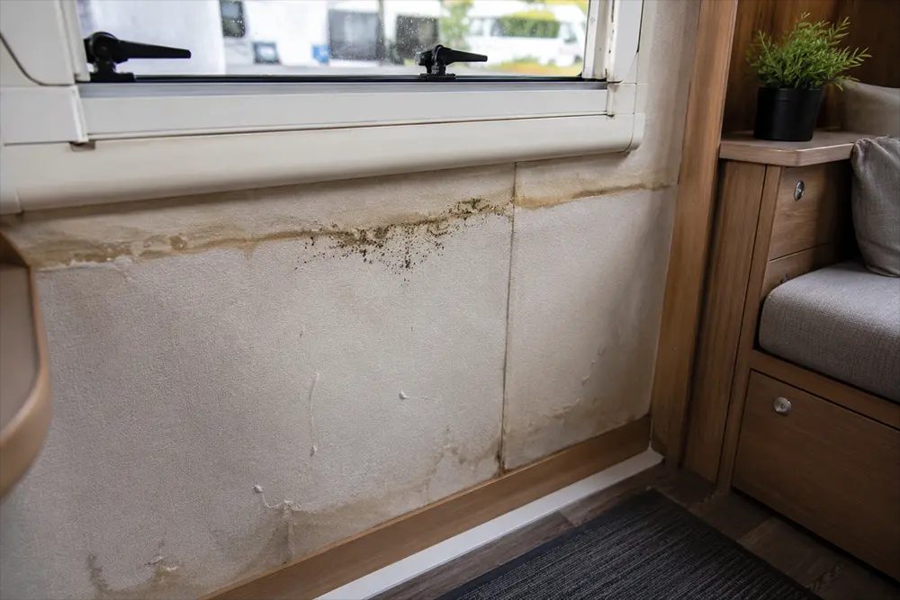 Vochtmeter tegen het wandpaneel in de onderhoek van een camper.