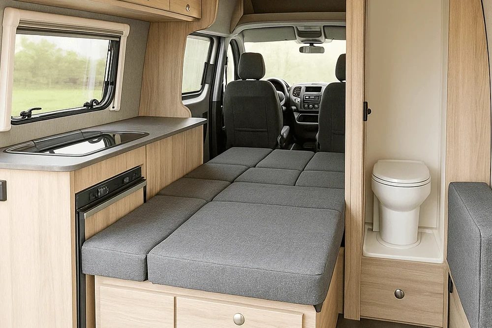 Interieur van een bestelbus halverwege de camperverbouwing met houten regelwerk en gereedschap op de vloer.